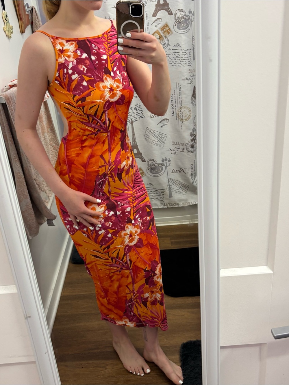 Women’s Tropical Floral Midi Dress in Orange & Magenta